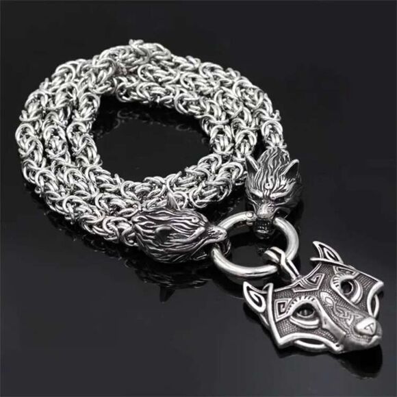 Zinc Alloy Viking Style Wolf Head Pendant Necklace, Retro Amulet Jewelry - Picture 4 of 14